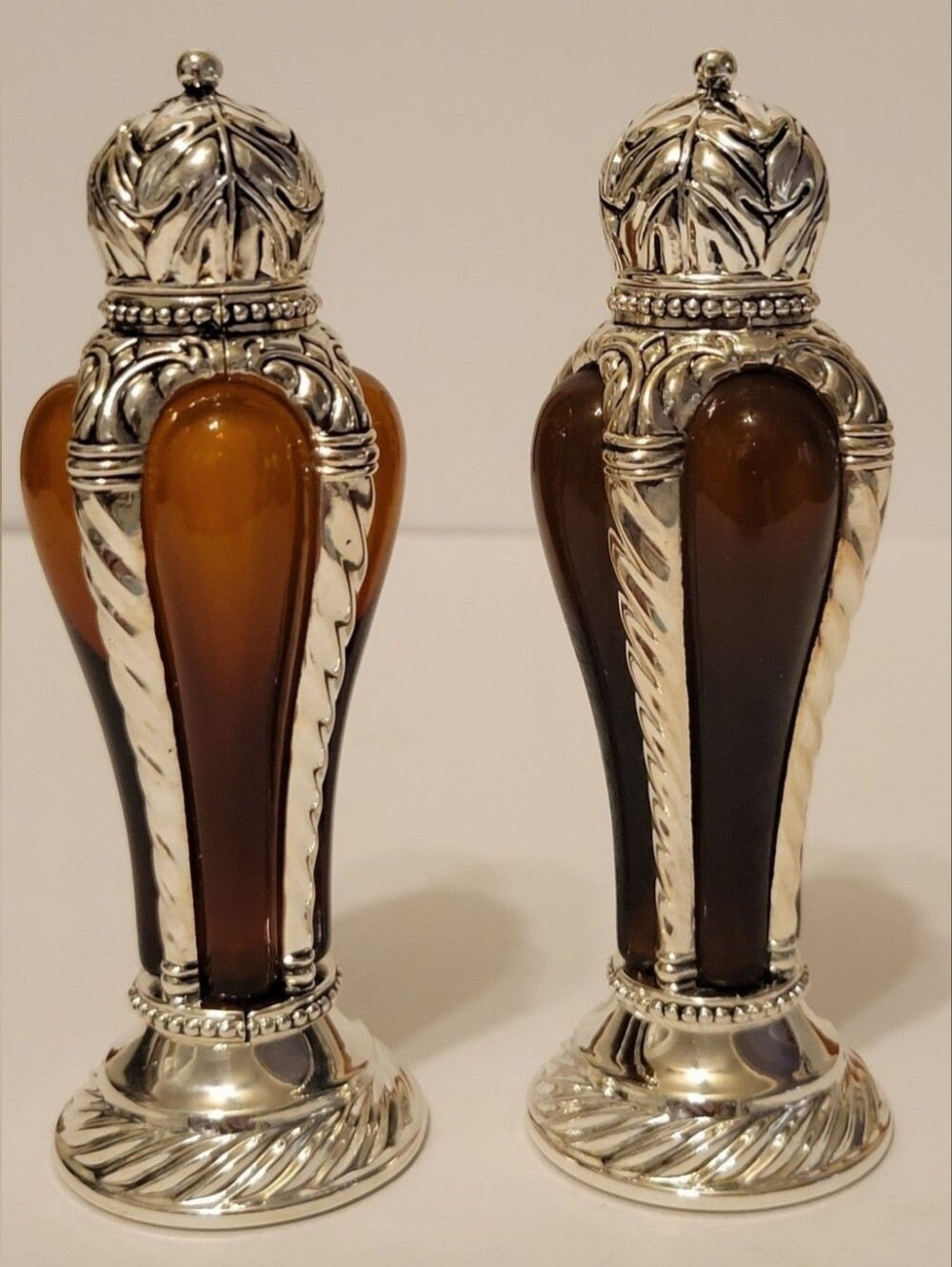 Amber Glass and Silver Plate:  Salt And Pepper Shakers from Belk,  New In Box